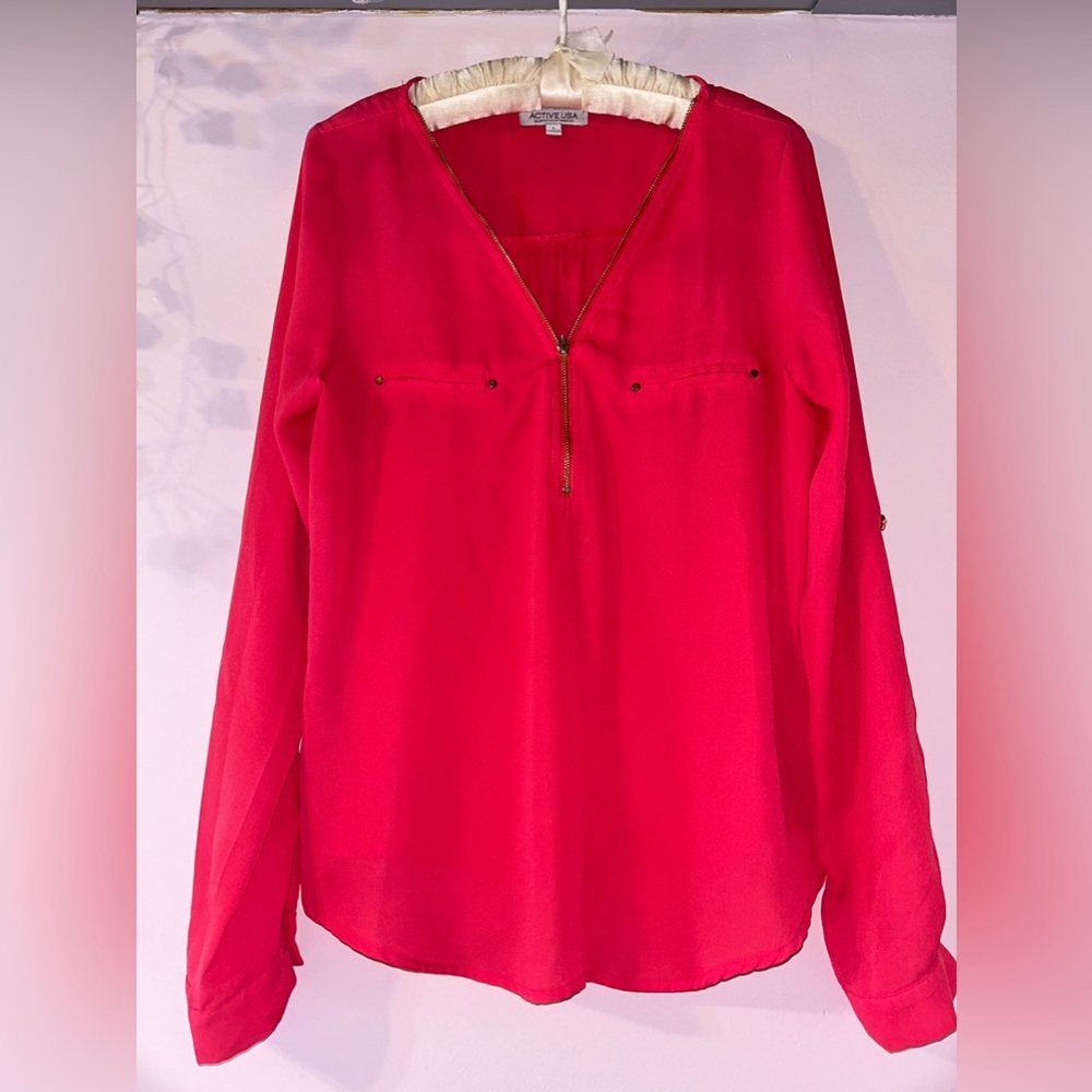 4$ SALE Bright pink sheer, long sleeve blouse